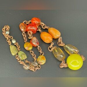 Stephen Dweck Large Chunky Multi Gemstone Amber & Pearl Bronze Chain Necklace